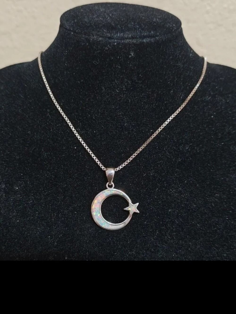 Dainty 925 Sterling Silver White Fire Opal Moon & Star Celestial Necklace